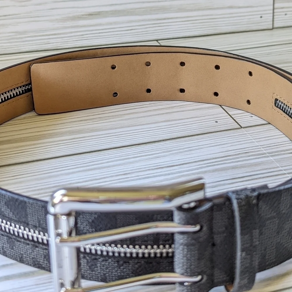 MICHAEL Michael Kors Black Monogram Zippered Belt Silver Tone Buckle Size Large